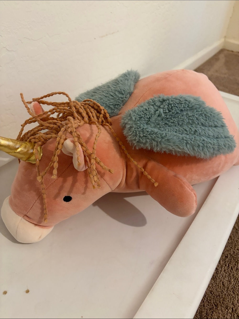 Plush Pink Unicorn Pillow Toy with Teal Wings - Kids Accessory